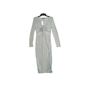 Simplee Long Sleeve Ruched Cut-Out Midi Dress Silver Size M
